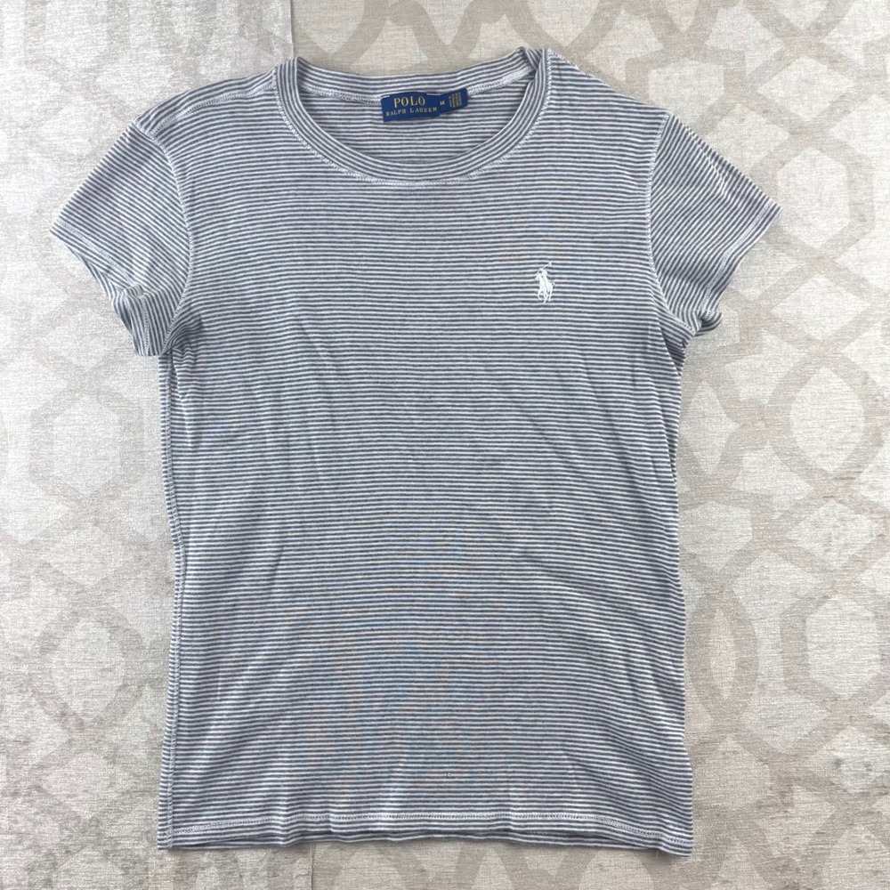 Polo Ralph Lauren Kids Grey White Striped‎ Short Sleeve Pony Logo T-Shirt Size M